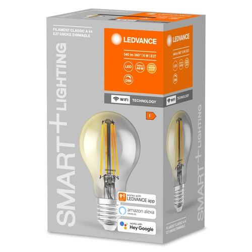 LEDVANCE Smarte LED-Lampe mit Wifi Technologie, Sockel E27, Dimmbar, Warmweiß (2500K), Birnenform, Klares Filament im Rauchglas, Ersatz für herkömmliche 44W-Birnen, steuerbar mit Alexa, Google & App-Leuchtmittel-LEDVANCE Shop