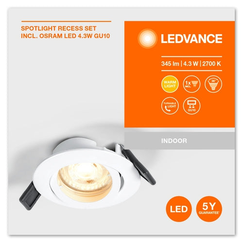LEDVANCE RECESS DOWNLIGHT TWISTLOCK LED Spotlight Ø 88,5mm weiß 4,3W / 2700K Warmweiß GU10-Einbaustrahler & Spots-LEDVANCE Shop