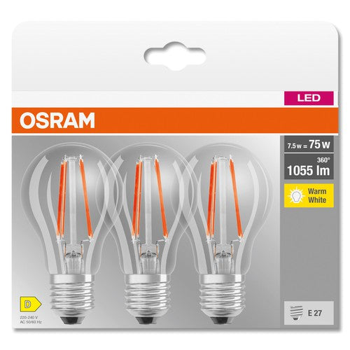 OSRAM LED BASE CLASSIC A Lampe klar (ex 75W) 7,5W / 2700K Warmweiß E27, 3er Pack-Leuchtmittel-LEDVANCE Shop