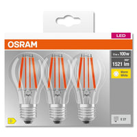 OSRAM LED BASE CLASSIC A Lampe klar (ex 100W) 11W / 2700K Warmweiß E27, 3er Pack-Leuchtmittel-LEDVANCE Shop