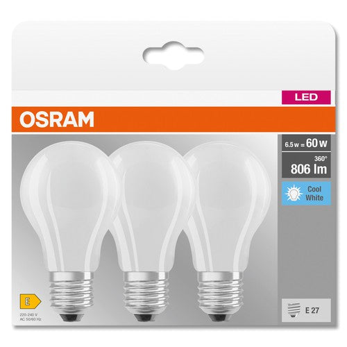 OSRAM LED Base Classic A Lampe matt (ex 60W) 6,5W / 4000K Kaltweiß E27, 3er Pack-Leuchtmittel-LEDVANCE Shop