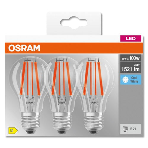 OSRAM LED BASE CLASSIC A Lampe klar (ex 100W) 11W / 4000K Kaltweiß E27 3er Pack-Leuchtmittel-LEDVANCE Shop