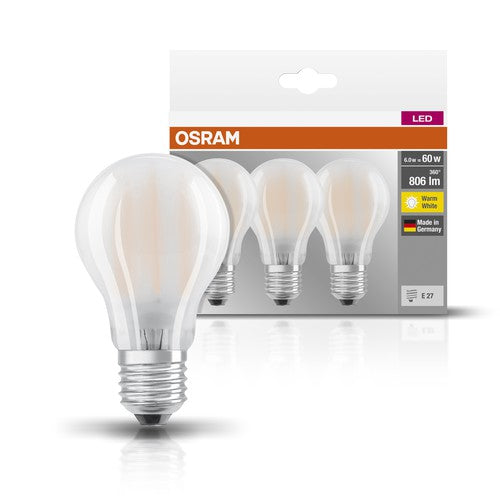 OSRAM LED Base Classic A LED Lampe matt (ex 60W) 7W / 2700K Warmweiß E27 3er Pack, E27-Leuchtmittel-LEDVANCE Shop