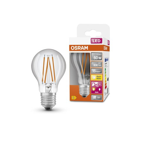 OSRAM Star+ LED-Lampe mit Tageslichtsensor für E27-Sockel, Filament-Optik ,Warmweiß (2700K), 806 Lumen, Ersatz für herkömmliche 60W-Leuchtmittel, nicht dimmbar, 1-er Pack, E27-Leuchtmittel-LEDVANCE Shop