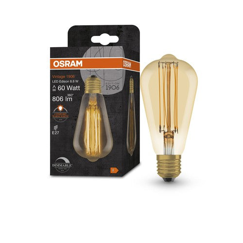 OSRAM Vintage 1906 LED-Lampe, Gold-Tönung, 8,8W, 806lm , Warmweiß , E27-Leuchtmittel-LEDVANCE Shop