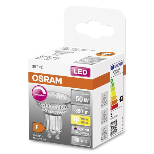 OSRAM Dimmbare PAR16 LED Reflektorlampe Warmweiß (2700K) hoher Farbwiedergabeindex mit CRI90, Ersatz für herkömmliche 50W Spots GU10-Leuchtmittel-LEDVANCE Shop