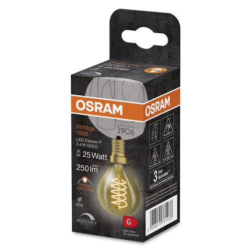 OSRAM Vintage 1906 LED-Lampe, Gold-Tönung, 3,4W, 250lm , Warmweiß , E14-Leuchtmittel-LEDVANCE Shop