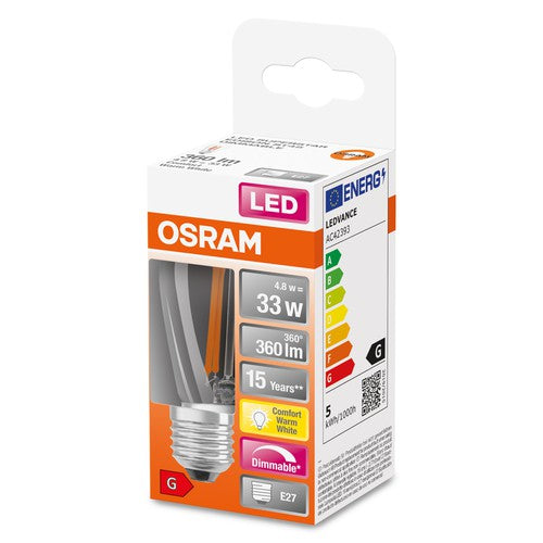 OSRAM Dimmbare Filament LED Lampe mit E27 Sockel, Warmweiss (2700K), Windstoß Kerze, 5W, Ersatz für 40W-Glühbirne, klar, LED Retrofit CLASSIC BA DIM-Leuchtmittel-LEDVANCE Shop