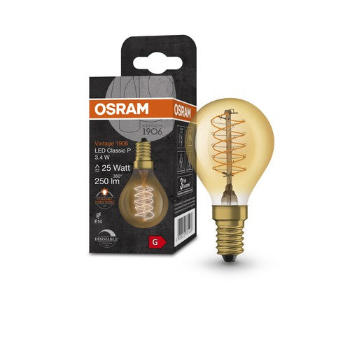 OSRAM Vintage 1906 LED-Lampe, Gold-Tönung, 3,4W, 250lm , Warmweiß , E14-Leuchtmittel-LEDVANCE Shop