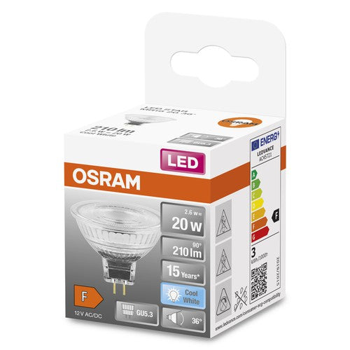 OSRAM MR16 LED Reflektorlampe mit GU5.3 Sockel, Kaltweiss (4000K), Glas Spot, 2.6W, Ersatz für 20W-Reflektorlampe, LED STAR MR16 12 V-Leuchtmittel-LEDVANCE Shop