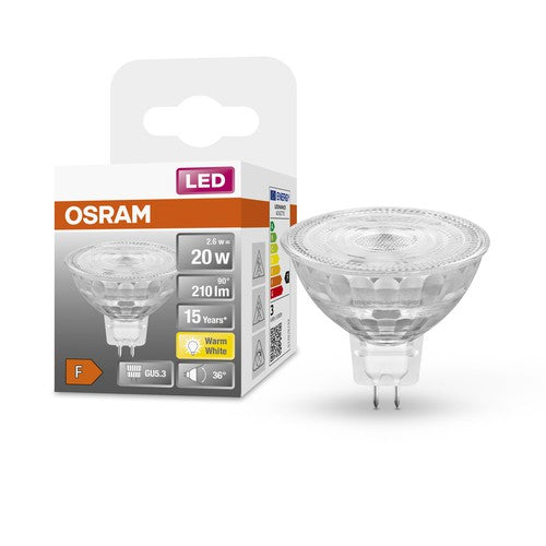 OSRAM MR16 LED Reflektorlampe mit GU5.3 Sockel, Warmweiss (2700K), Glas Spot, 2.6W, Ersatz für 20W-Reflektorlampe, LED STAR MR16 12 V-Leuchtmittel-LEDVANCE Shop